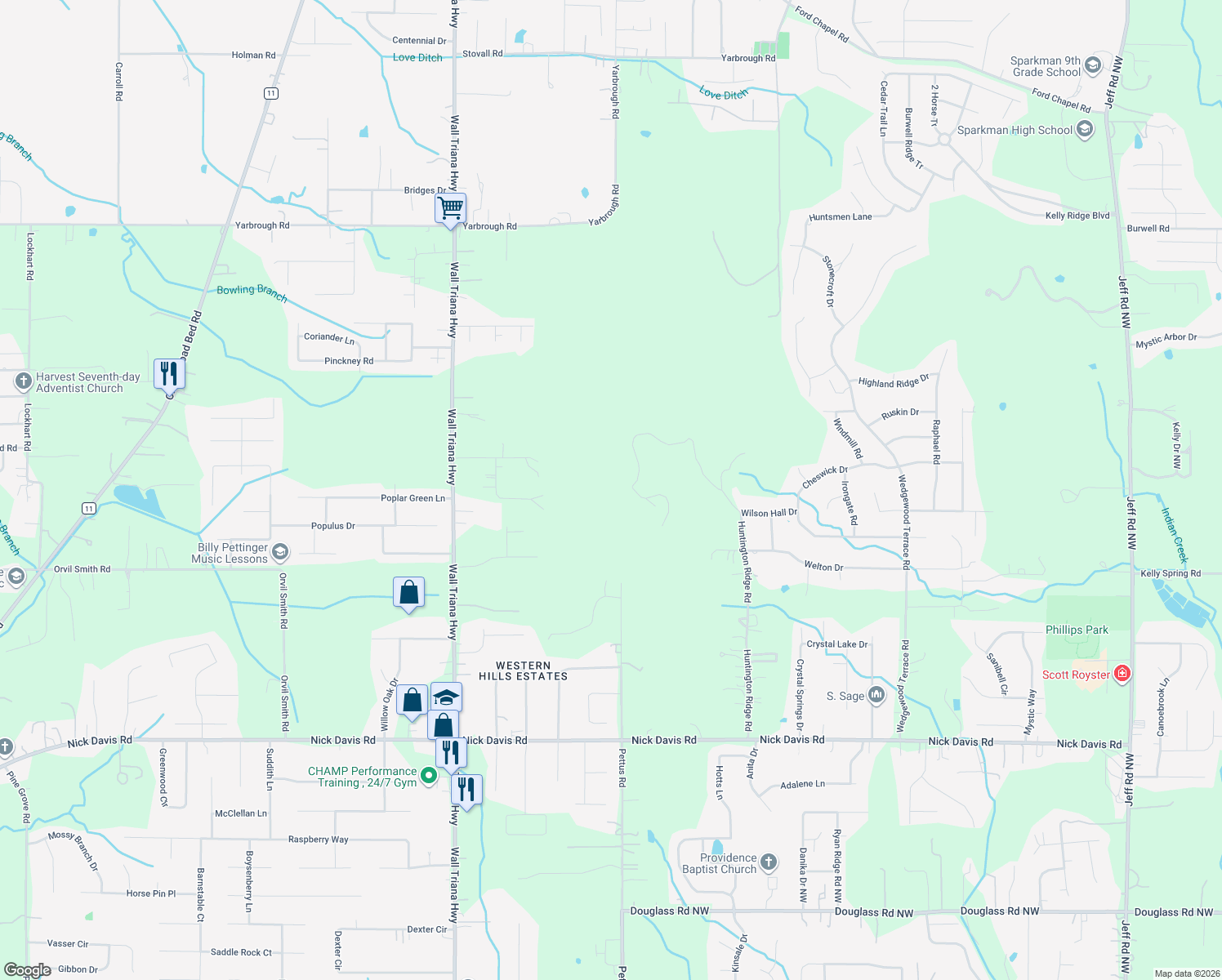 map of restaurants, bars, coffee shops, grocery stores, and more near 8059 Wall Triana Highway in Harvest