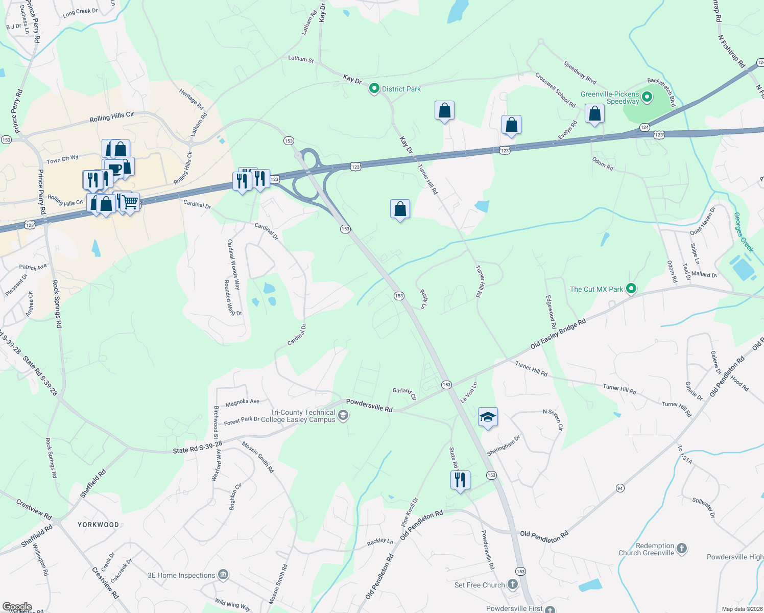 map of restaurants, bars, coffee shops, grocery stores, and more near 5235 South Carolina 153 in Easley