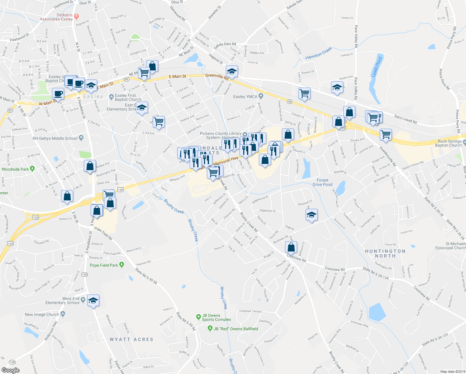 map of restaurants, bars, coffee shops, grocery stores, and more near 115 Brushy Creek Rd in Easley