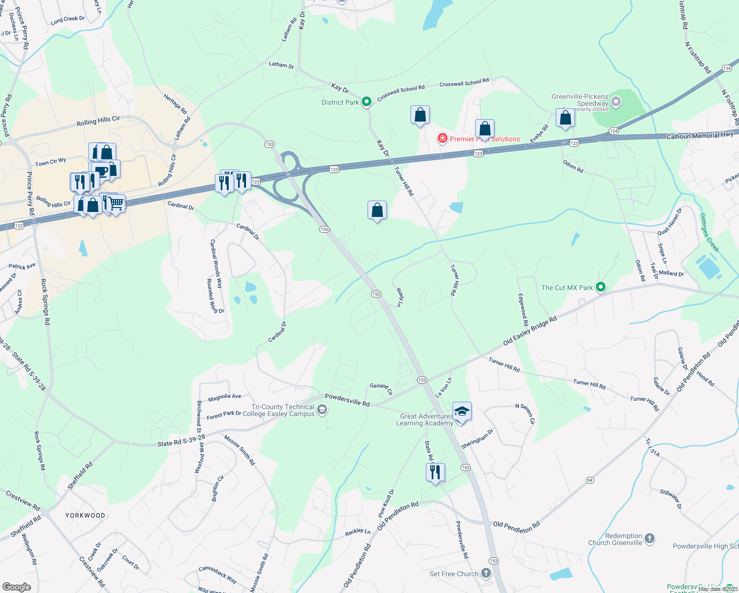 map of restaurants, bars, coffee shops, grocery stores, and more near 5235 South Carolina 153 in Easley