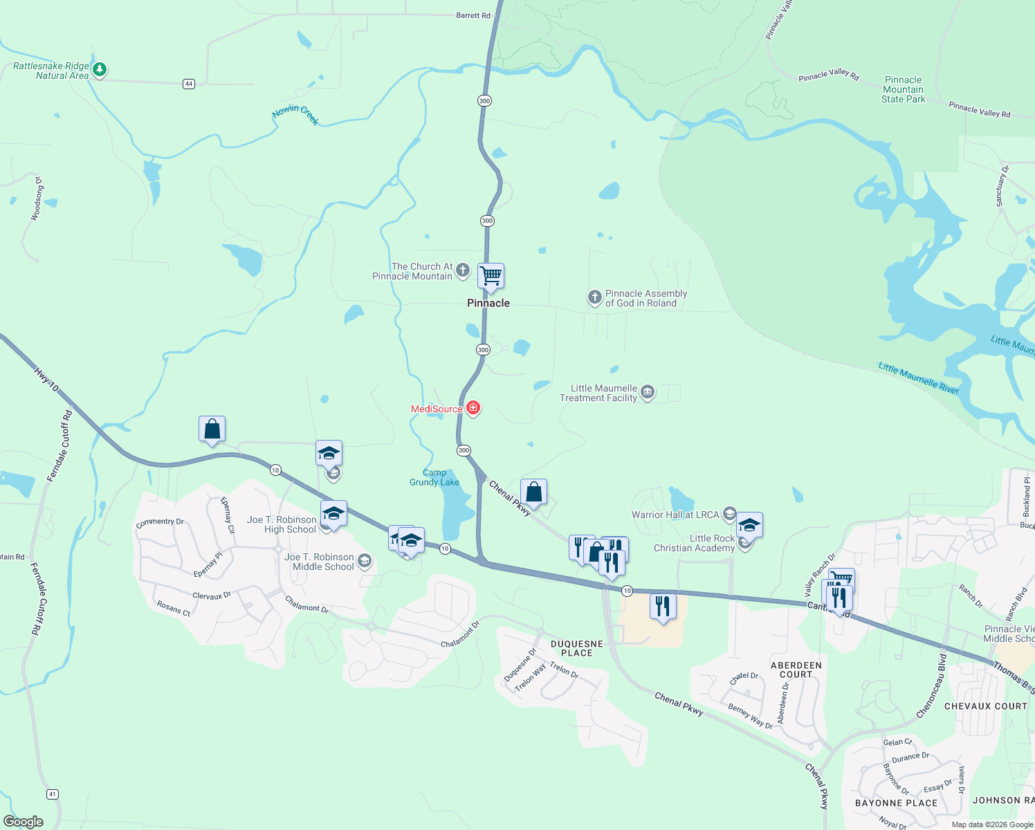 map of restaurants, bars, coffee shops, grocery stores, and more near 7111 Westridge Road in Roland