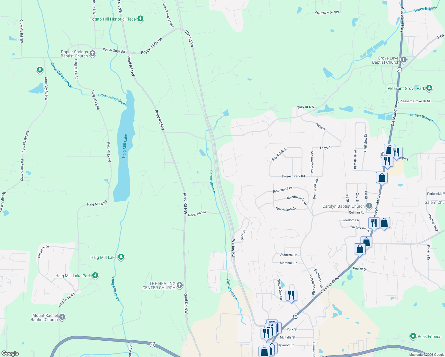 map of restaurants, bars, coffee shops, grocery stores, and more near 4026 Sydney Circle in Dalton