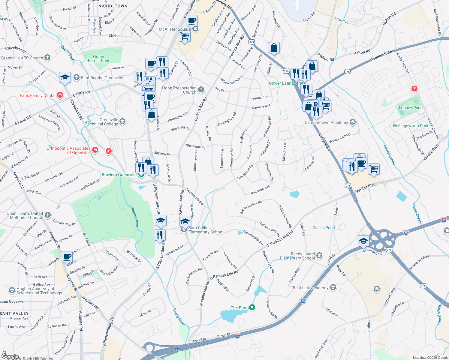 map of restaurants, bars, coffee shops, grocery stores, and more near 432 Henderson Road in Greenville