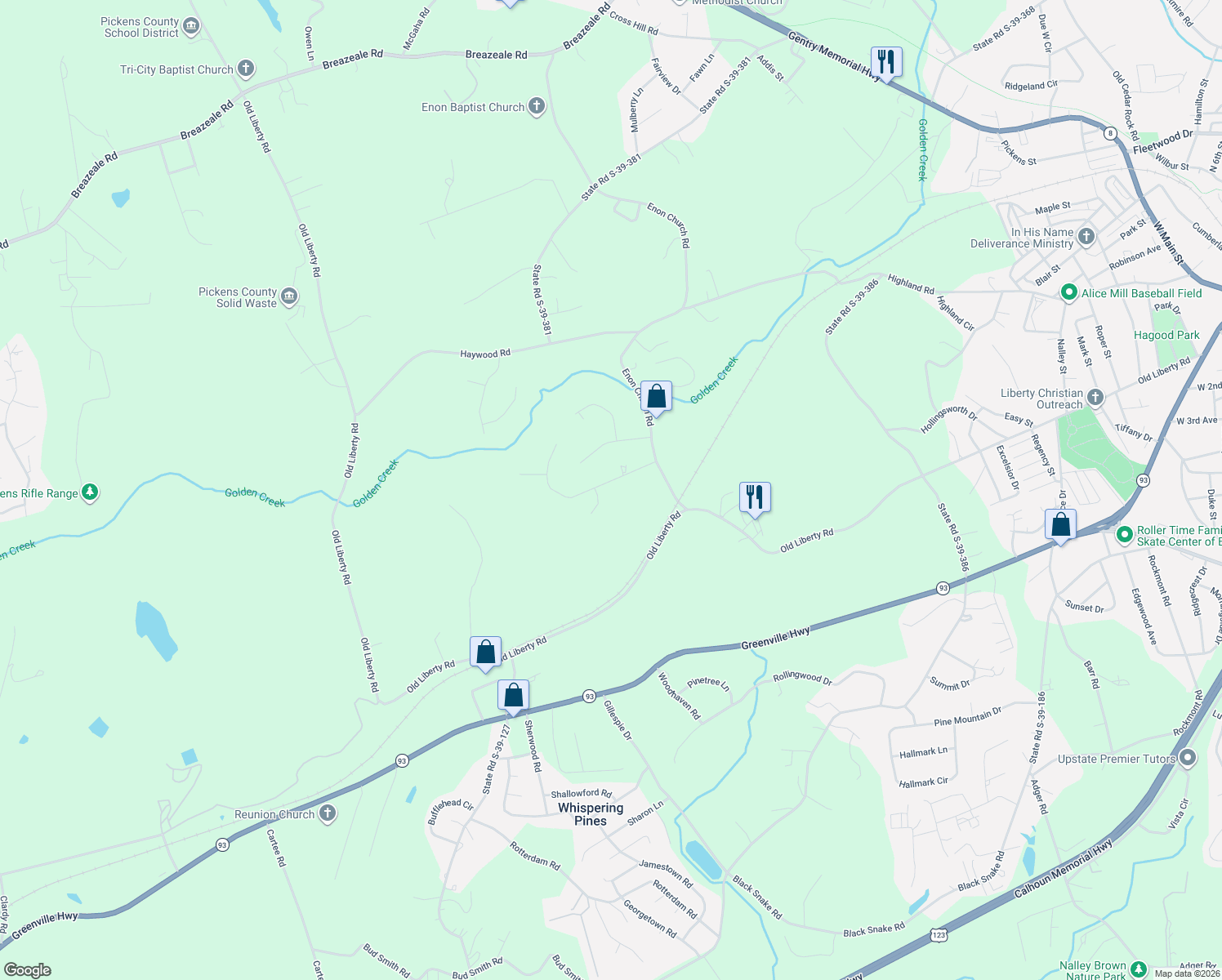 map of restaurants, bars, coffee shops, grocery stores, and more near 211 Redfern Court in Easley