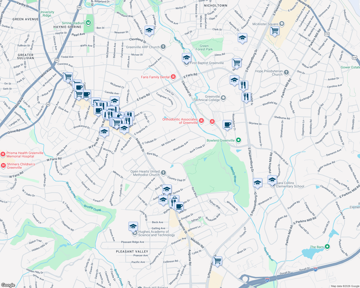 map of restaurants, bars, coffee shops, grocery stores, and more near 47 Woodvale Ave in Greenville