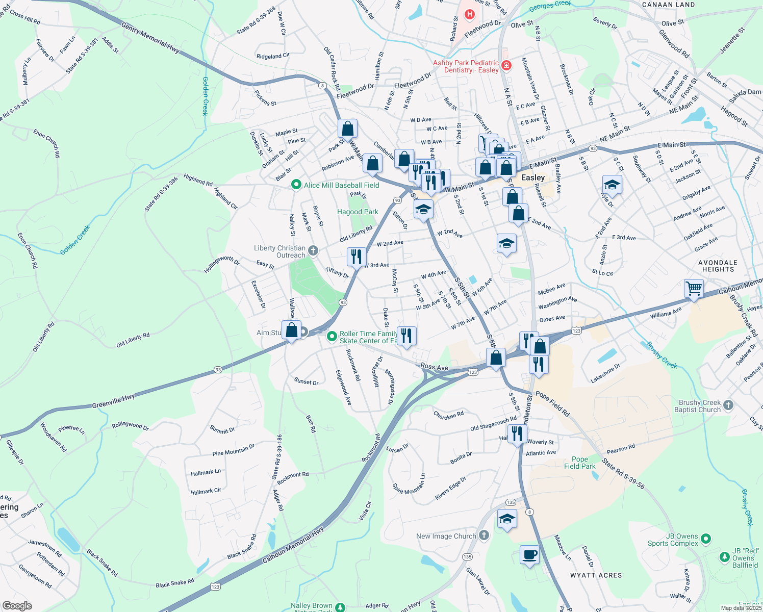 map of restaurants, bars, coffee shops, grocery stores, and more near 102 Duke Street in Easley