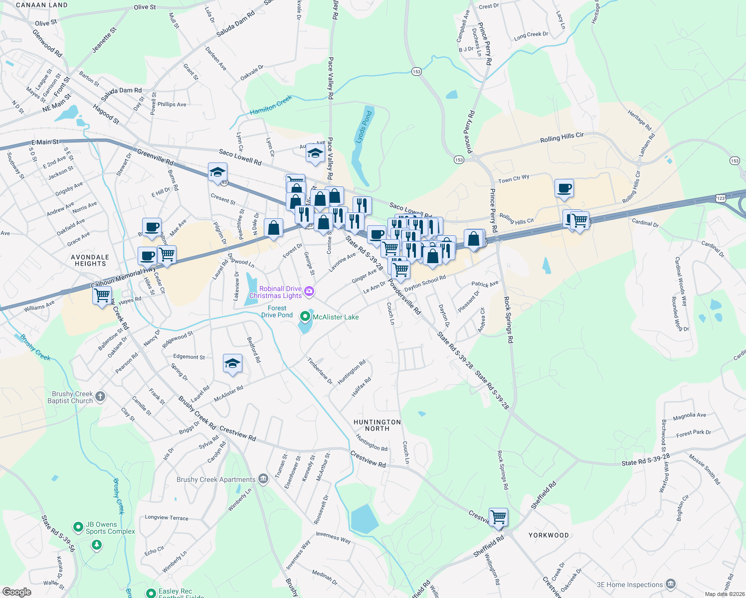 map of restaurants, bars, coffee shops, grocery stores, and more near 1109 McAlister Road in Easley