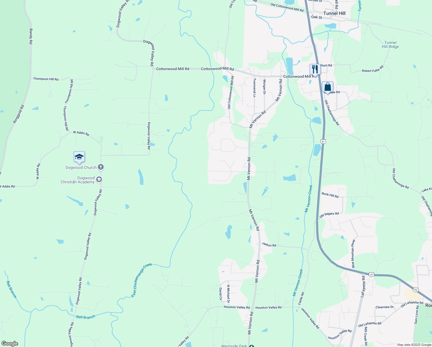 map of restaurants, bars, coffee shops, grocery stores, and more near 731 Larkwood Drive in Tunnel Hill