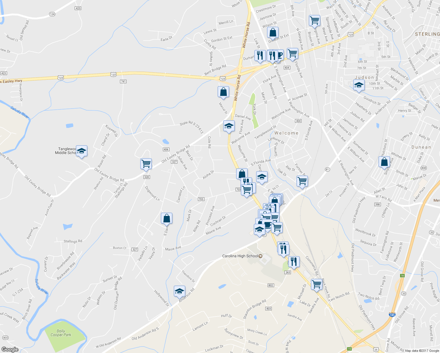 map of restaurants, bars, coffee shops, grocery stores, and more near 13974 Cole Road in Greenville