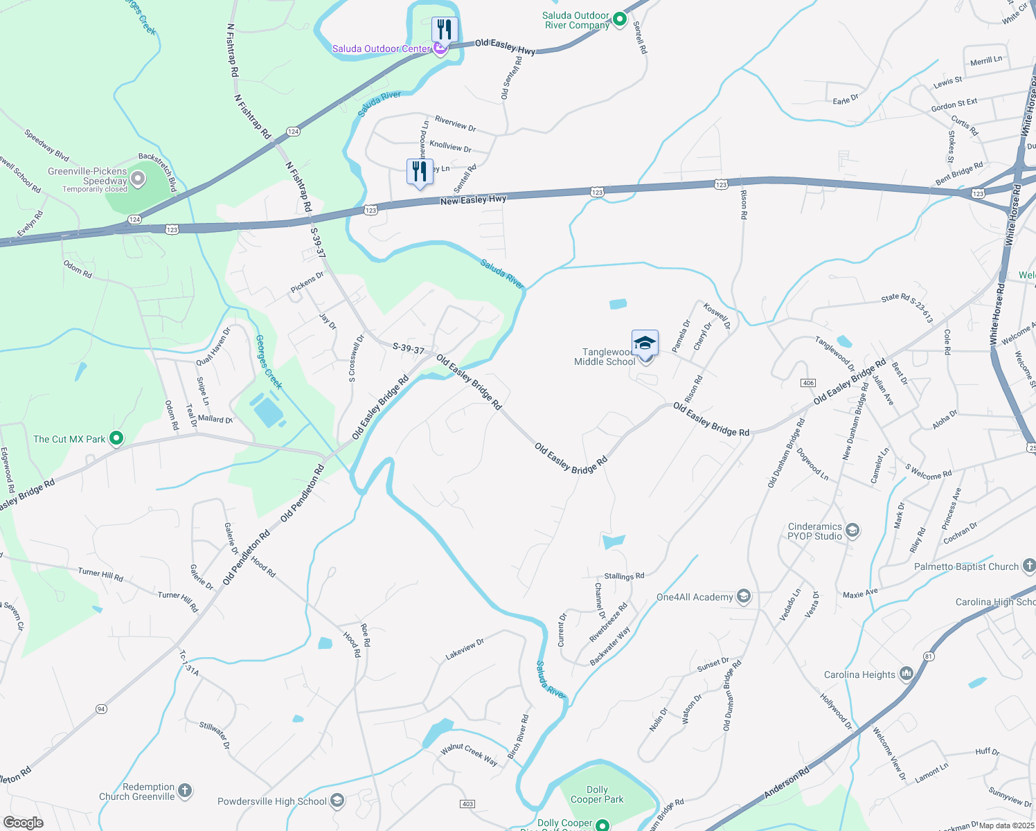 map of restaurants, bars, coffee shops, grocery stores, and more near 3624 Old Easley Bridge Road in Greenville