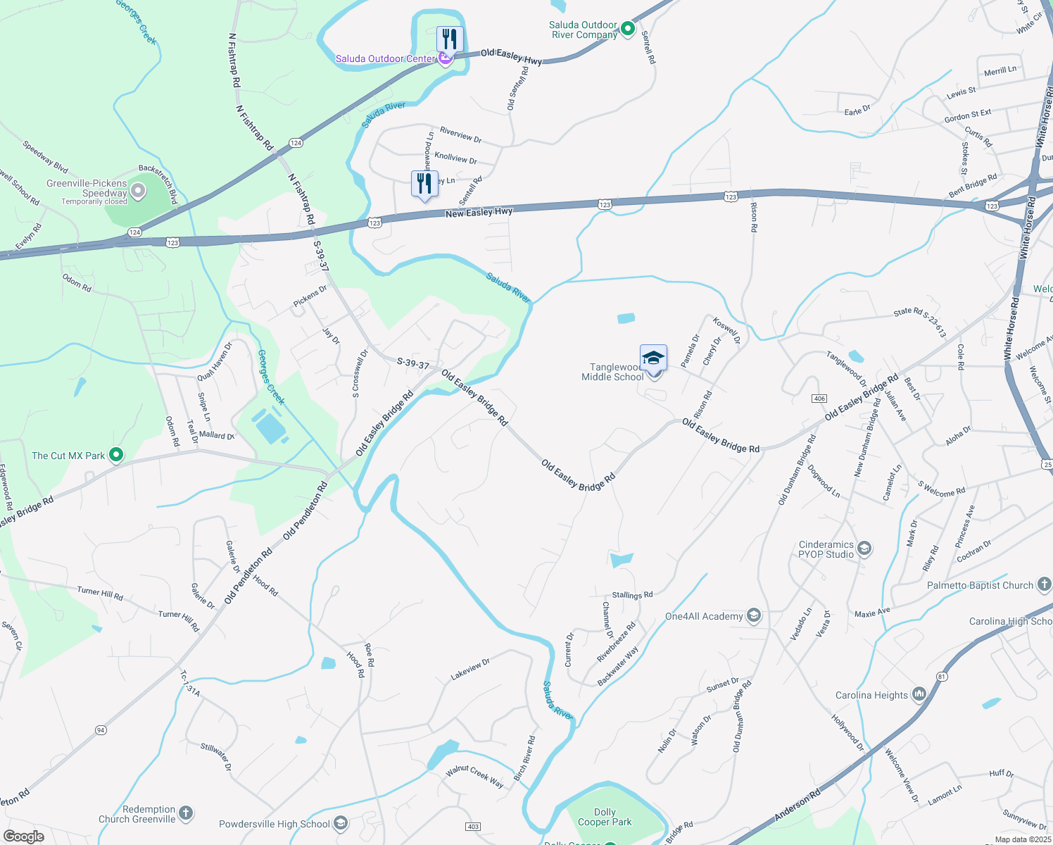 map of restaurants, bars, coffee shops, grocery stores, and more near 3624 Old Easley Bridge Road in Greenville
