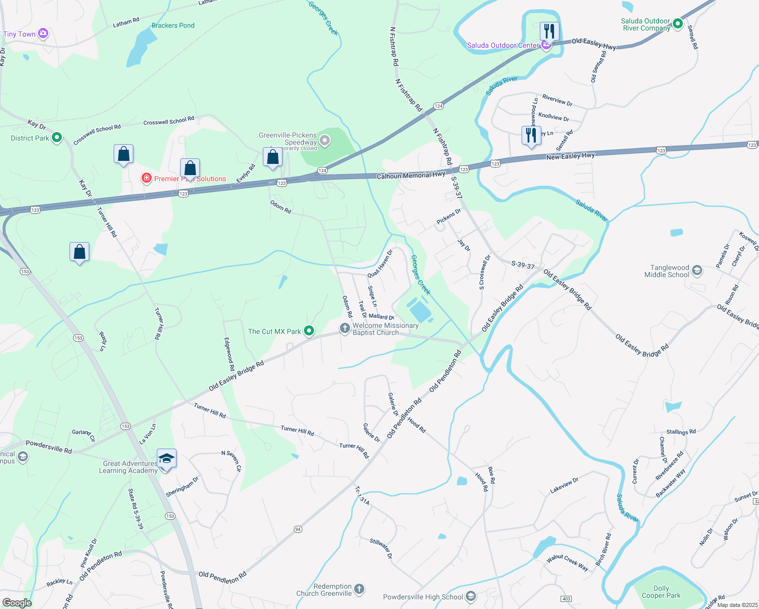 map of restaurants, bars, coffee shops, grocery stores, and more near 115 Snipe Ln in Easley