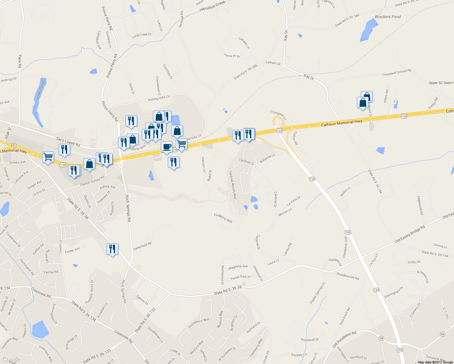 map of restaurants, bars, coffee shops, grocery stores, and more near 104 Red Wing Court in Easley