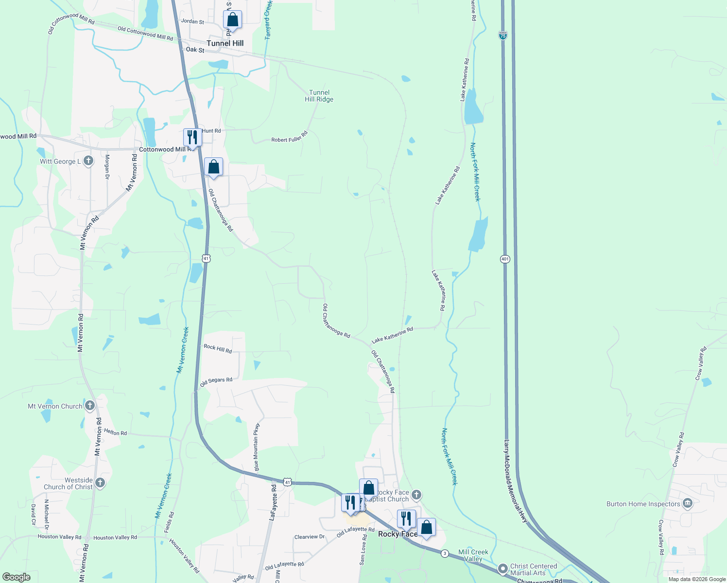 map of restaurants, bars, coffee shops, grocery stores, and more near 866 Bridges Road in Tunnel Hill