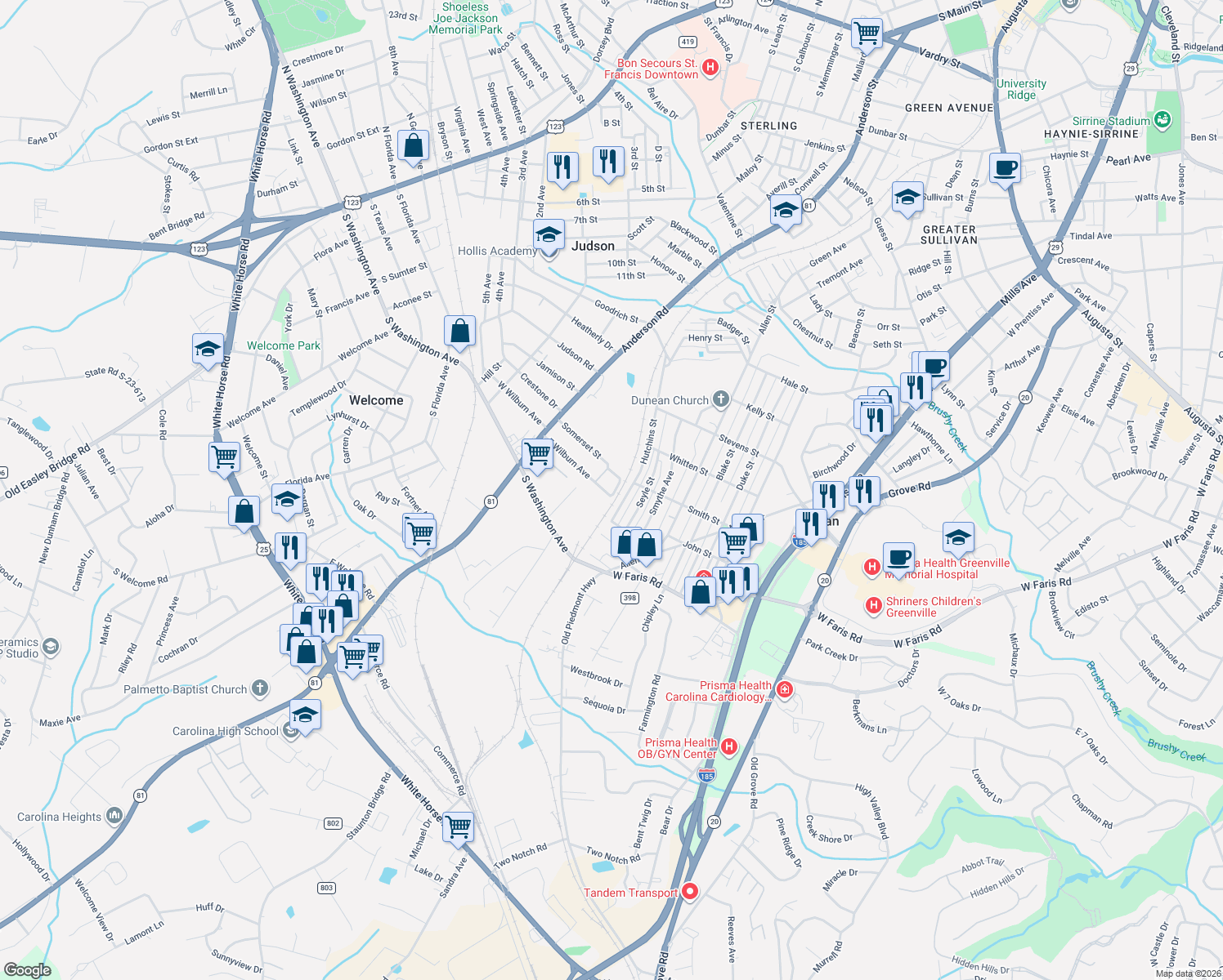 map of restaurants, bars, coffee shops, grocery stores, and more near 211 East Wilburn Avenue in Greenville