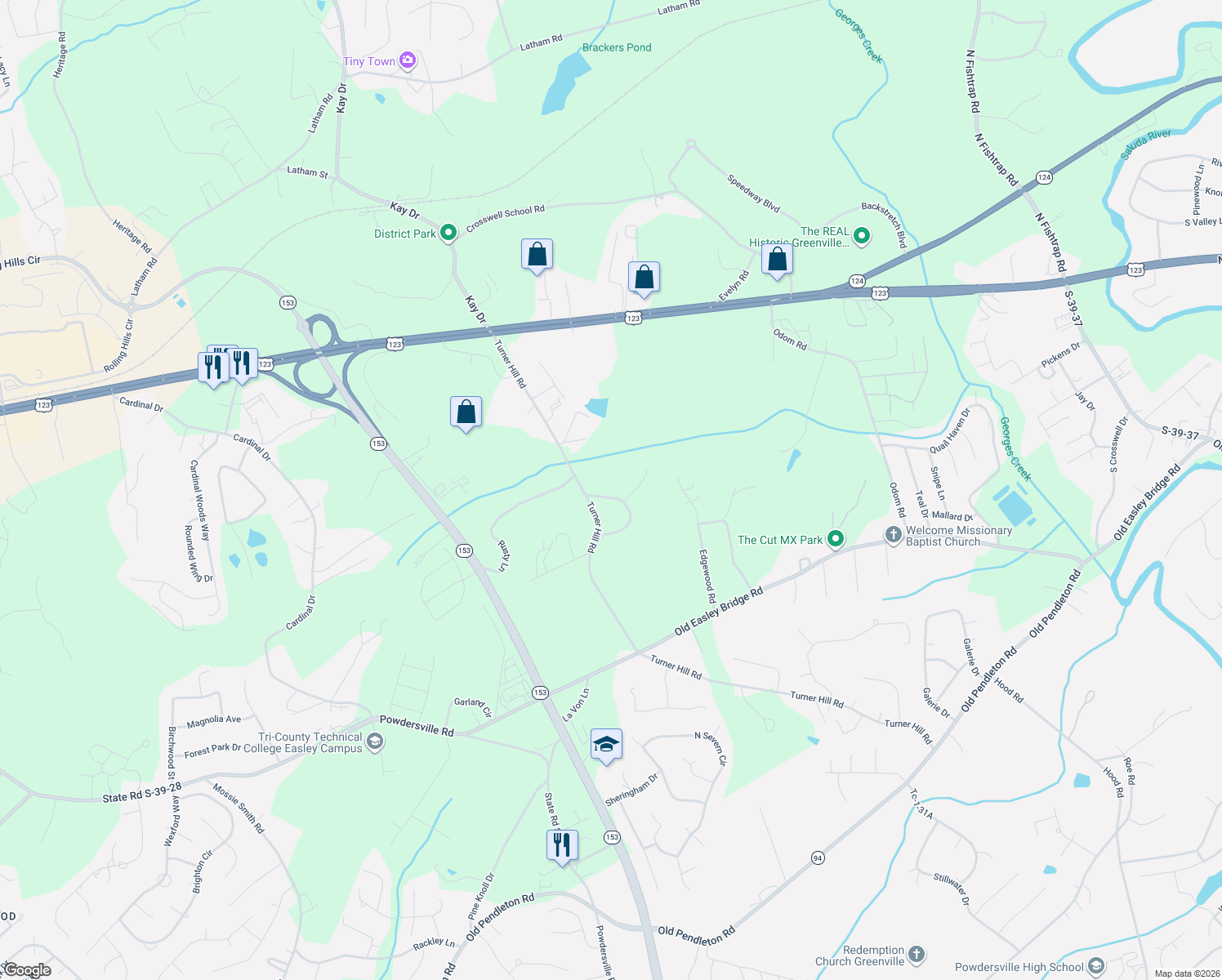 map of restaurants, bars, coffee shops, grocery stores, and more near 117 Horseshoe Bend Rd in Easley