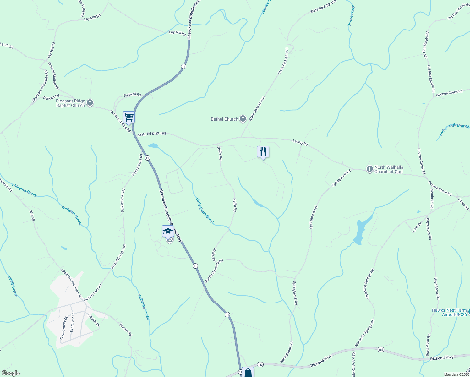 map of restaurants, bars, coffee shops, grocery stores, and more near 203 Saint Andrews Drive in Walhalla