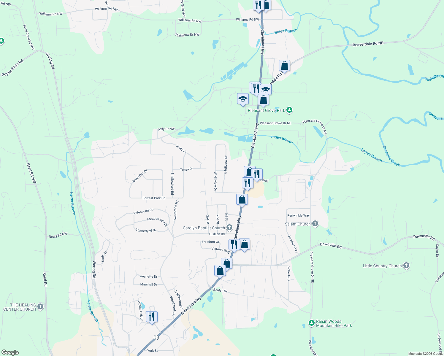 map of restaurants, bars, coffee shops, grocery stores, and more near 2507 East Hillview Drive in Dalton