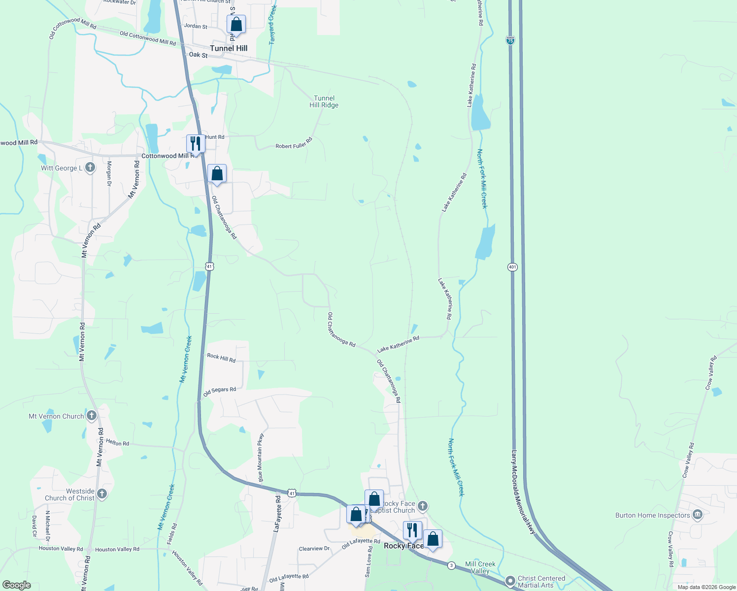 map of restaurants, bars, coffee shops, grocery stores, and more near 866 Bridges Road in Tunnel Hill