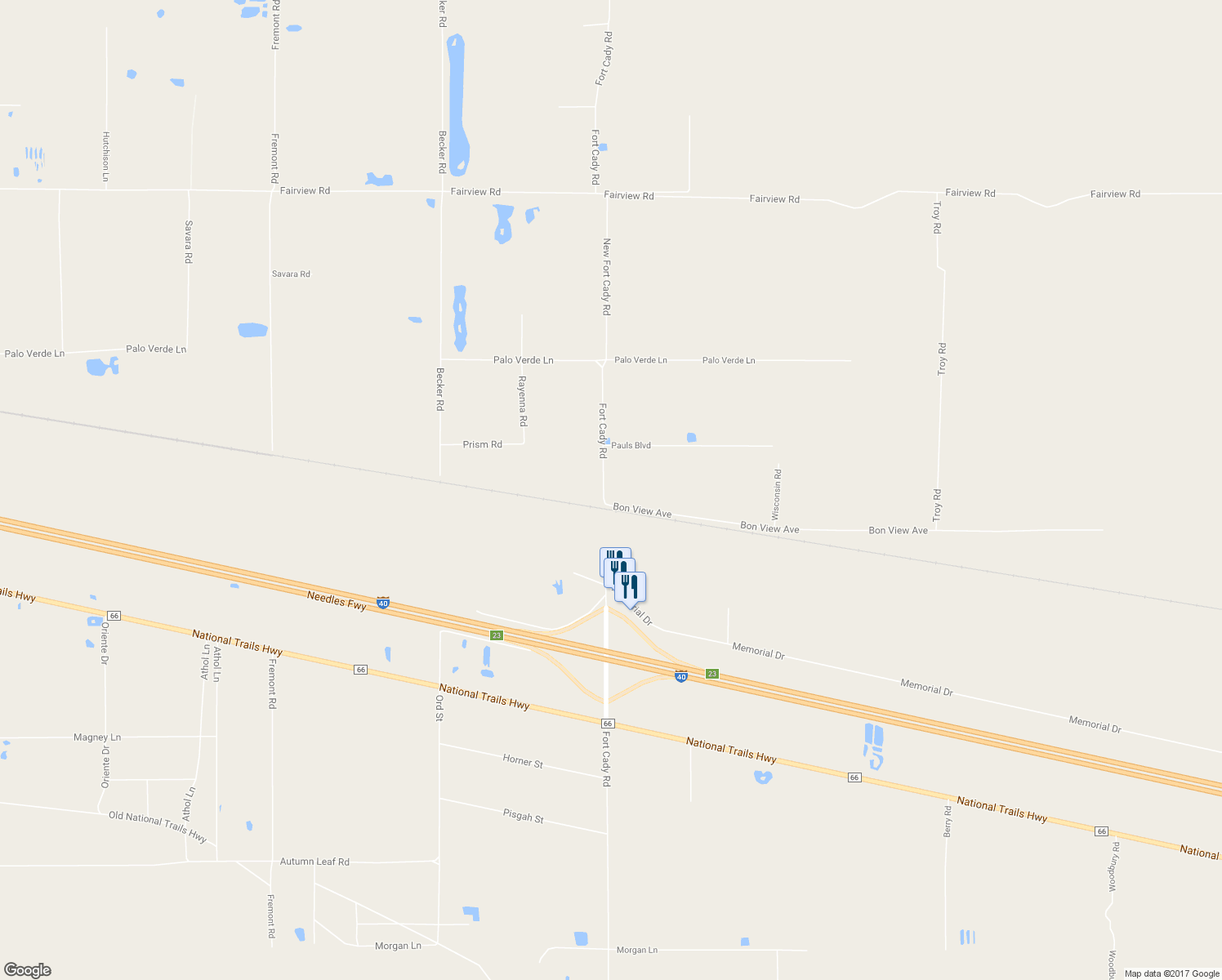 map of restaurants, bars, coffee shops, grocery stores, and more near 31405 Fort Cady Road in Newberry Springs