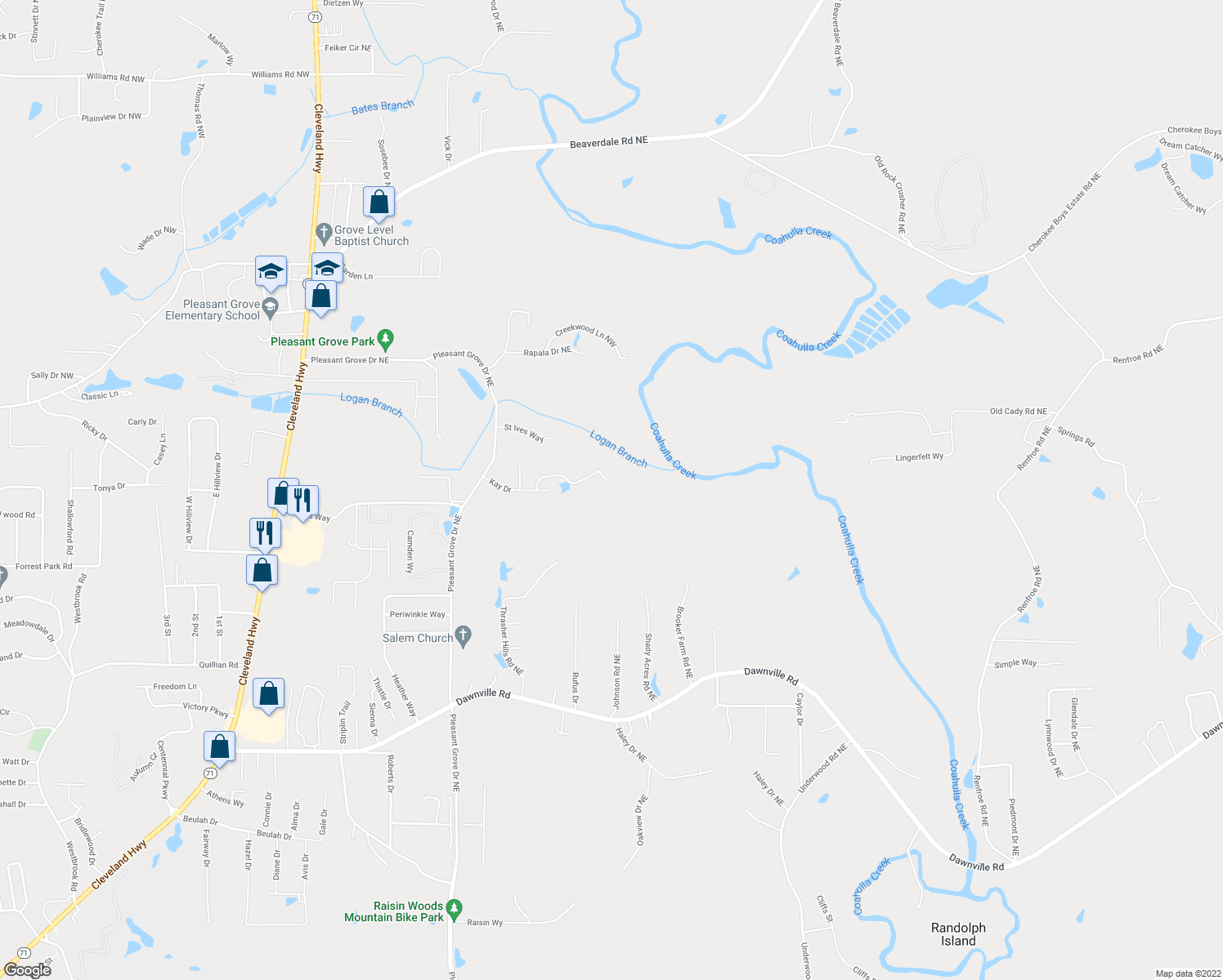 map of restaurants, bars, coffee shops, grocery stores, and more near 1555 Oak Lake Drive in Dalton