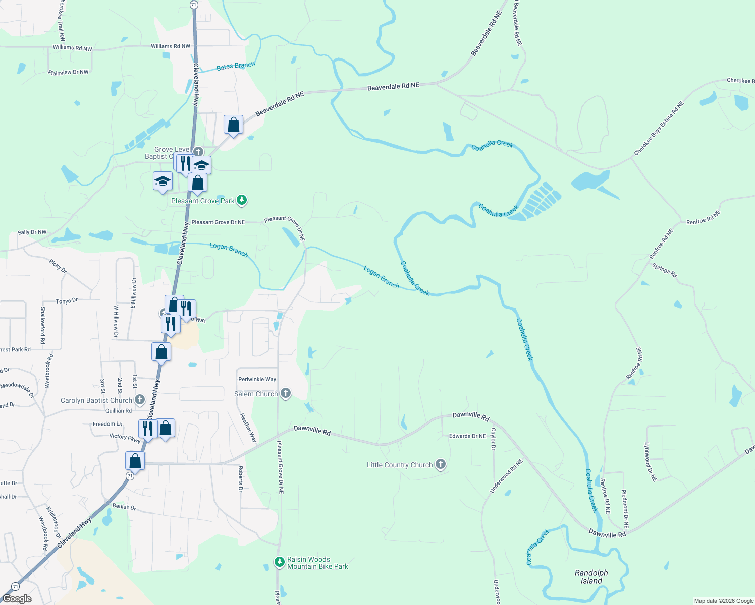 map of restaurants, bars, coffee shops, grocery stores, and more near 1555 Oak Lake Drive in Dalton