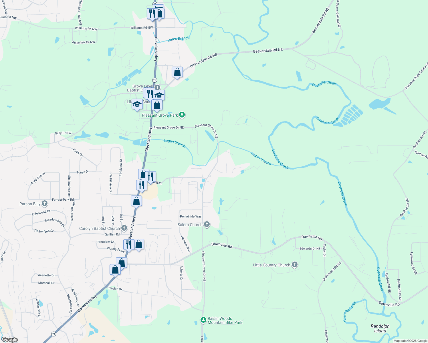 map of restaurants, bars, coffee shops, grocery stores, and more near 300 Kay Drive Northeast in Dalton