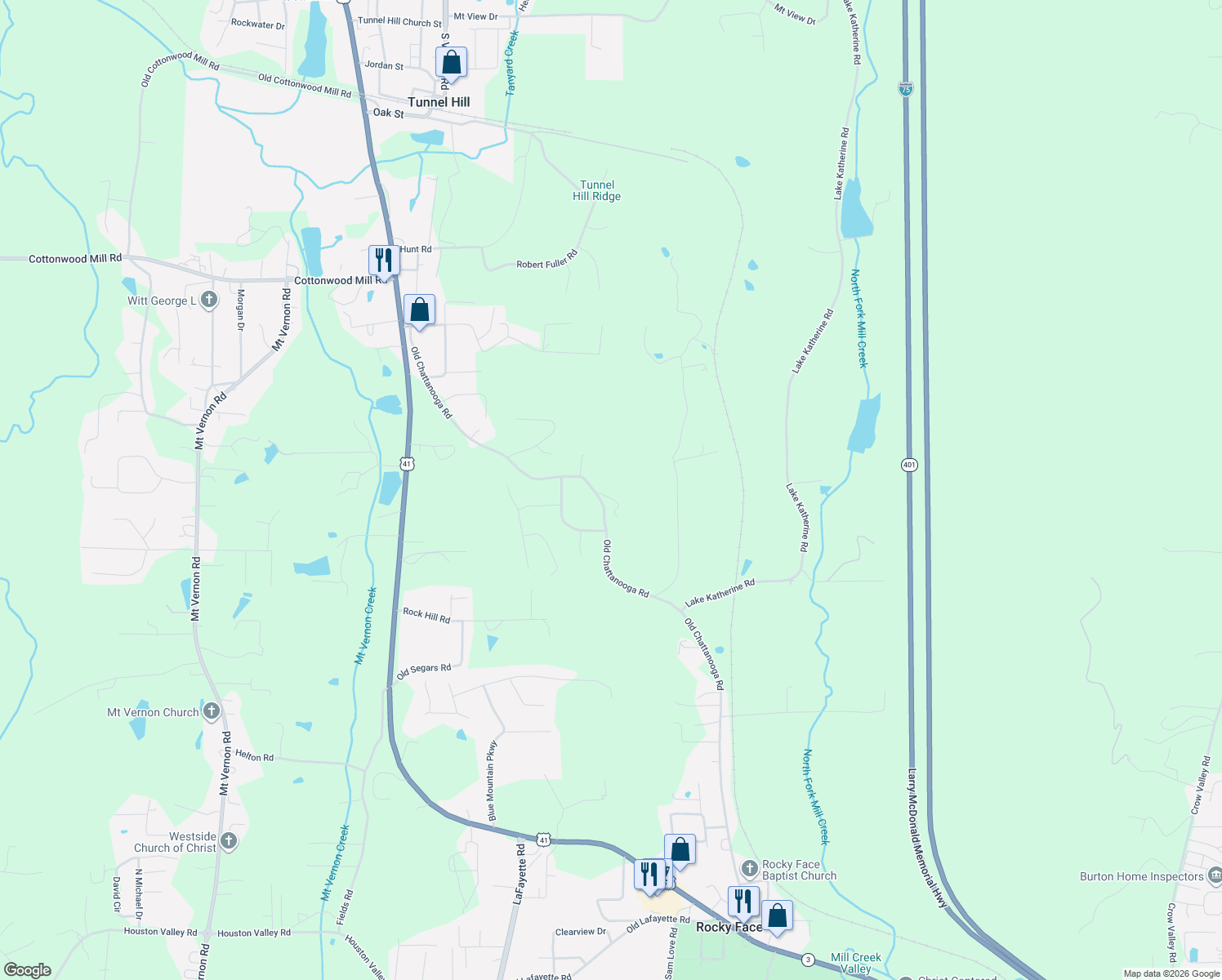 map of restaurants, bars, coffee shops, grocery stores, and more near 3042 Old Chattanooga Road in Rocky Face