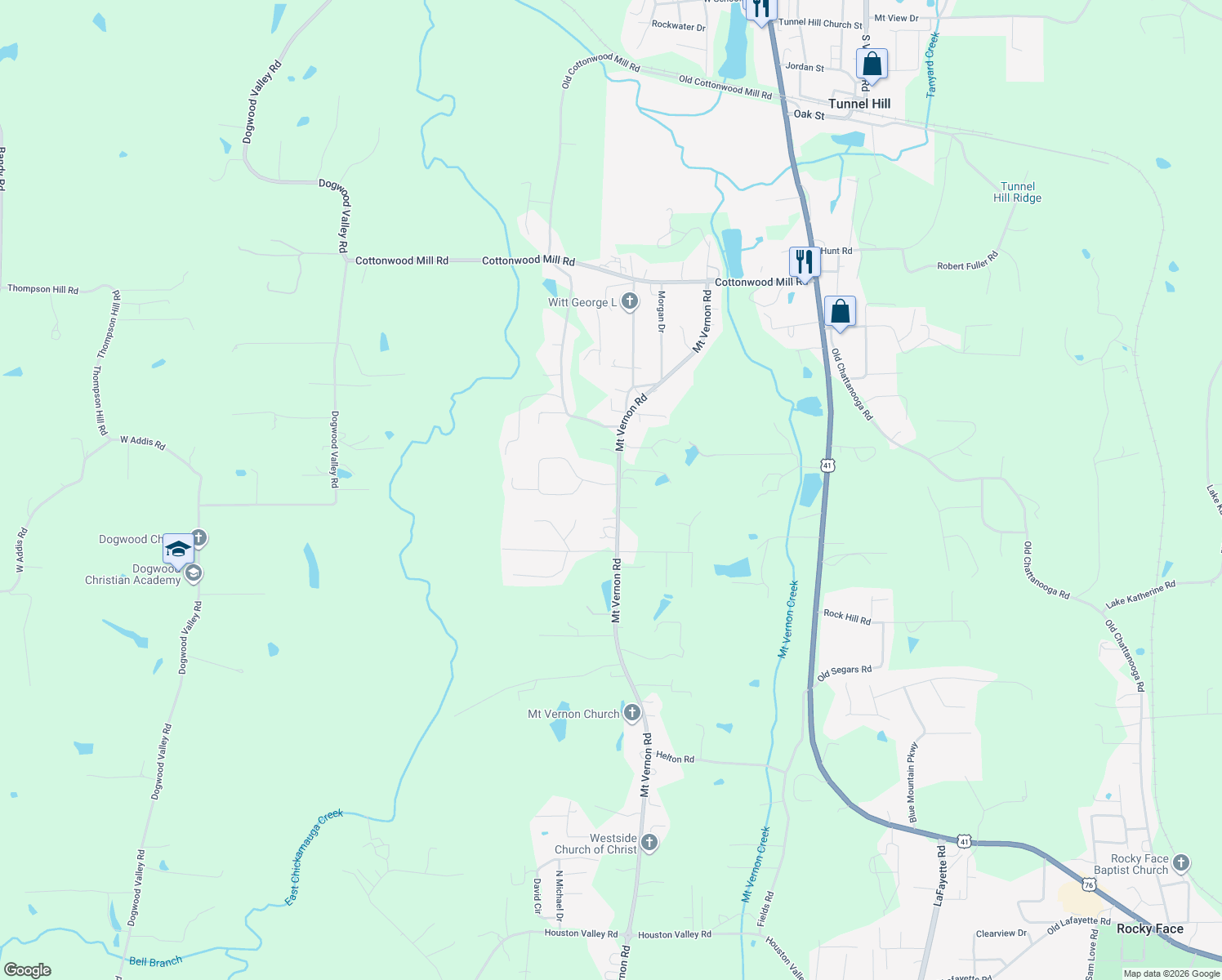 map of restaurants, bars, coffee shops, grocery stores, and more near 601 Pine Oaks Dr in Tunnel Hill