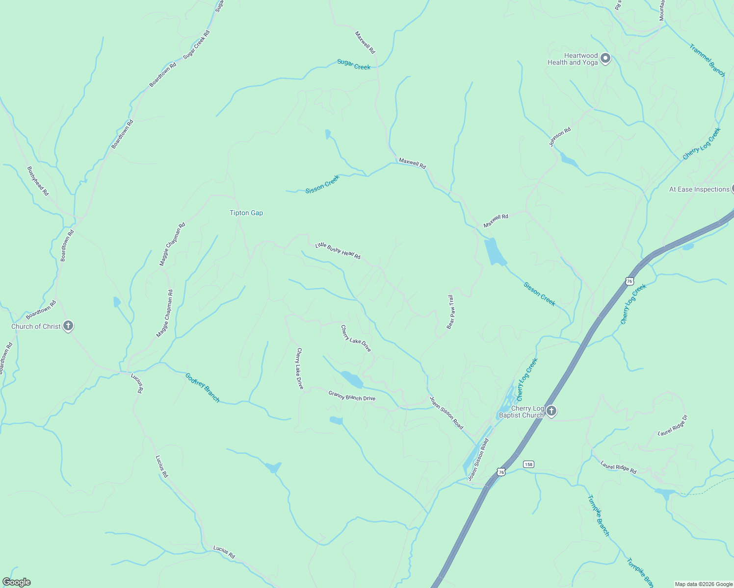 map of restaurants, bars, coffee shops, grocery stores, and more near 160 Little Beaver Drive in Cherry Log