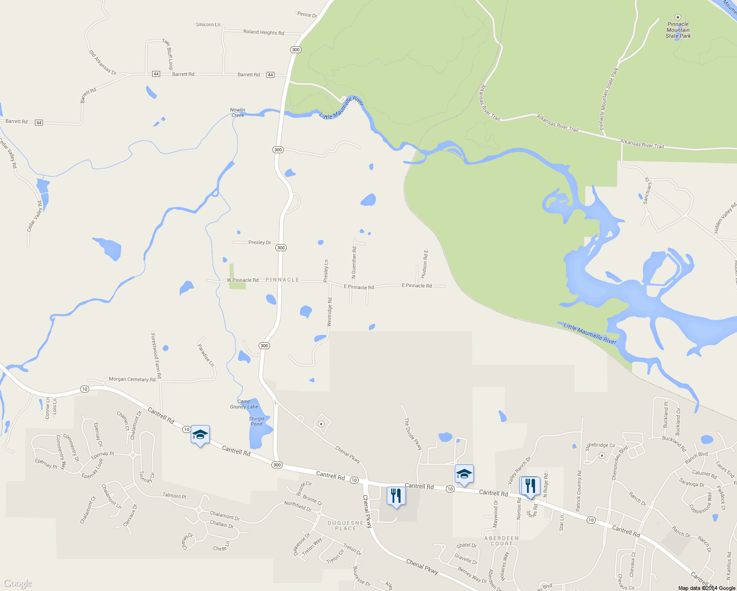 map of restaurants, bars, coffee shops, grocery stores, and more near 19919 East Pinnacle Road in Roland