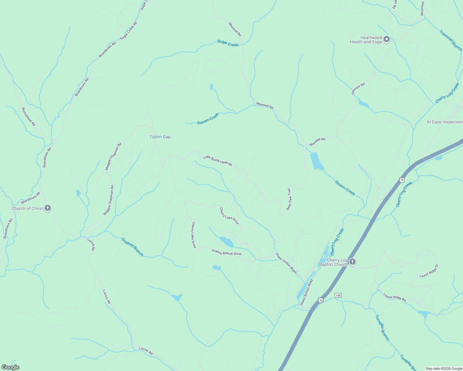 map of restaurants, bars, coffee shops, grocery stores, and more near 160 Little Beaver Drive in Cherry Log