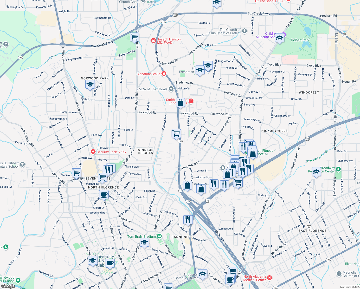 map of restaurants, bars, coffee shops, grocery stores, and more near 1534 Helton Drive in Florence
