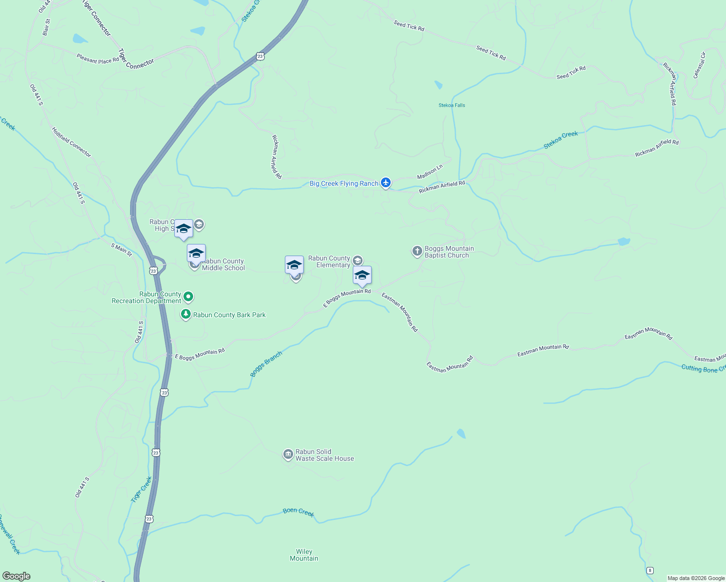 map of restaurants, bars, coffee shops, grocery stores, and more near Boggs Mountain Road in Tiger