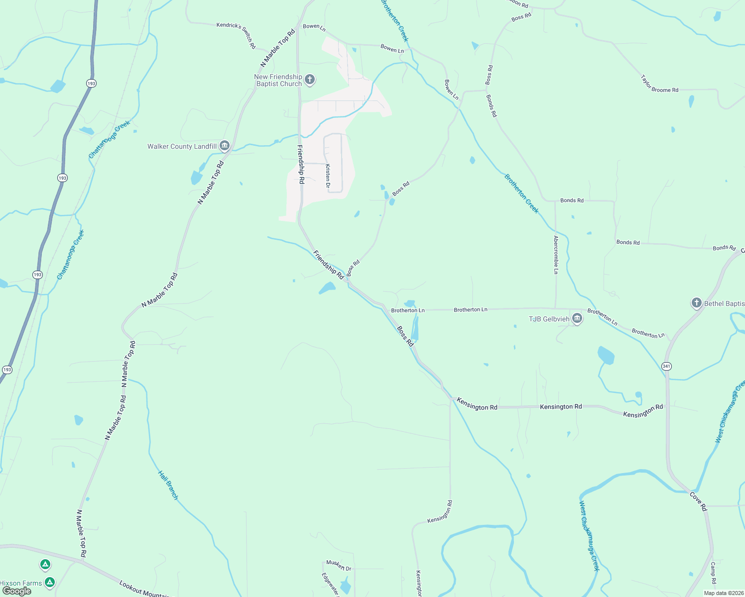map of restaurants, bars, coffee shops, grocery stores, and more near 1326 Friendship Road in Chickamauga