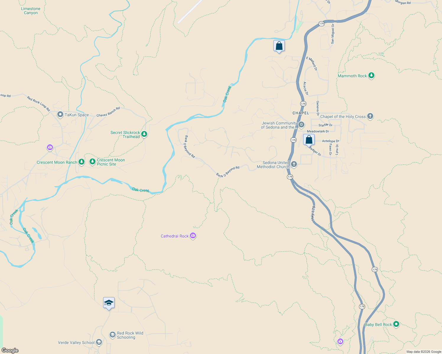 map of restaurants, bars, coffee shops, grocery stores, and more near 608 Back O Beyond Road in Sedona