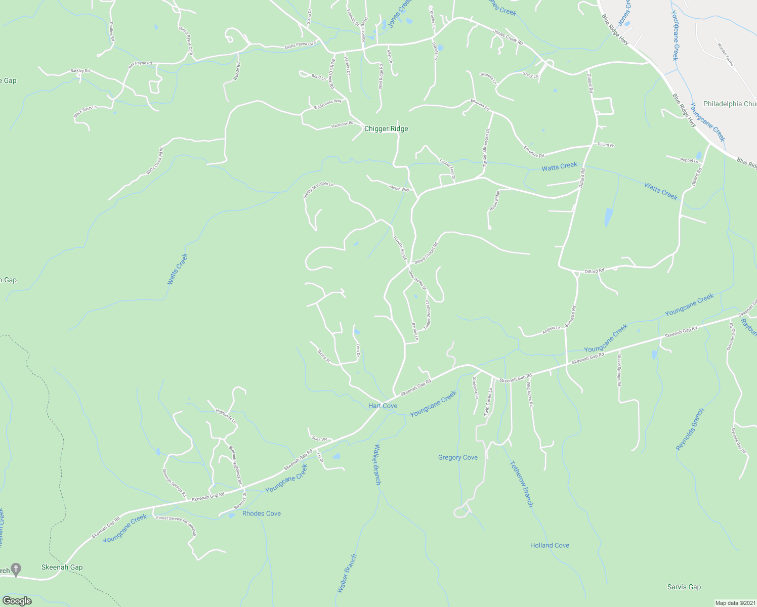 map of restaurants, bars, coffee shops, grocery stores, and more near 3545 Timber Ridge Road South in Blairsville
