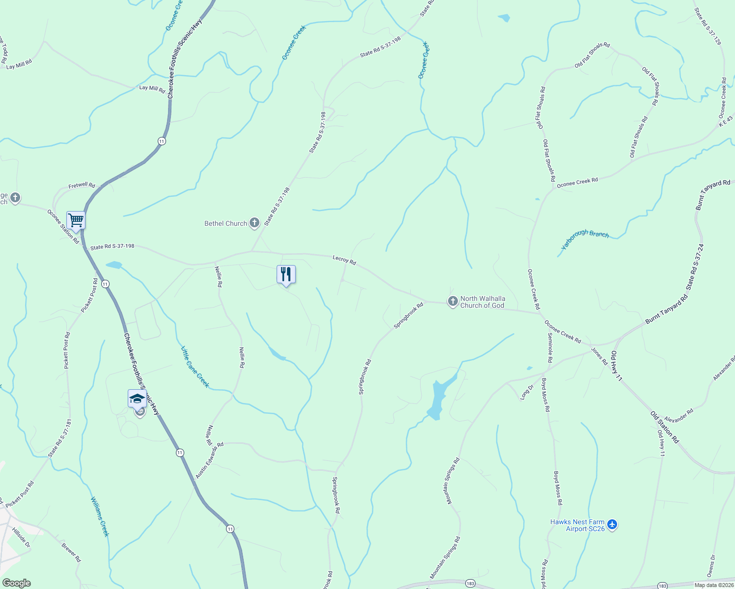 map of restaurants, bars, coffee shops, grocery stores, and more near 2008 Aberdeen Lane in Walhalla
