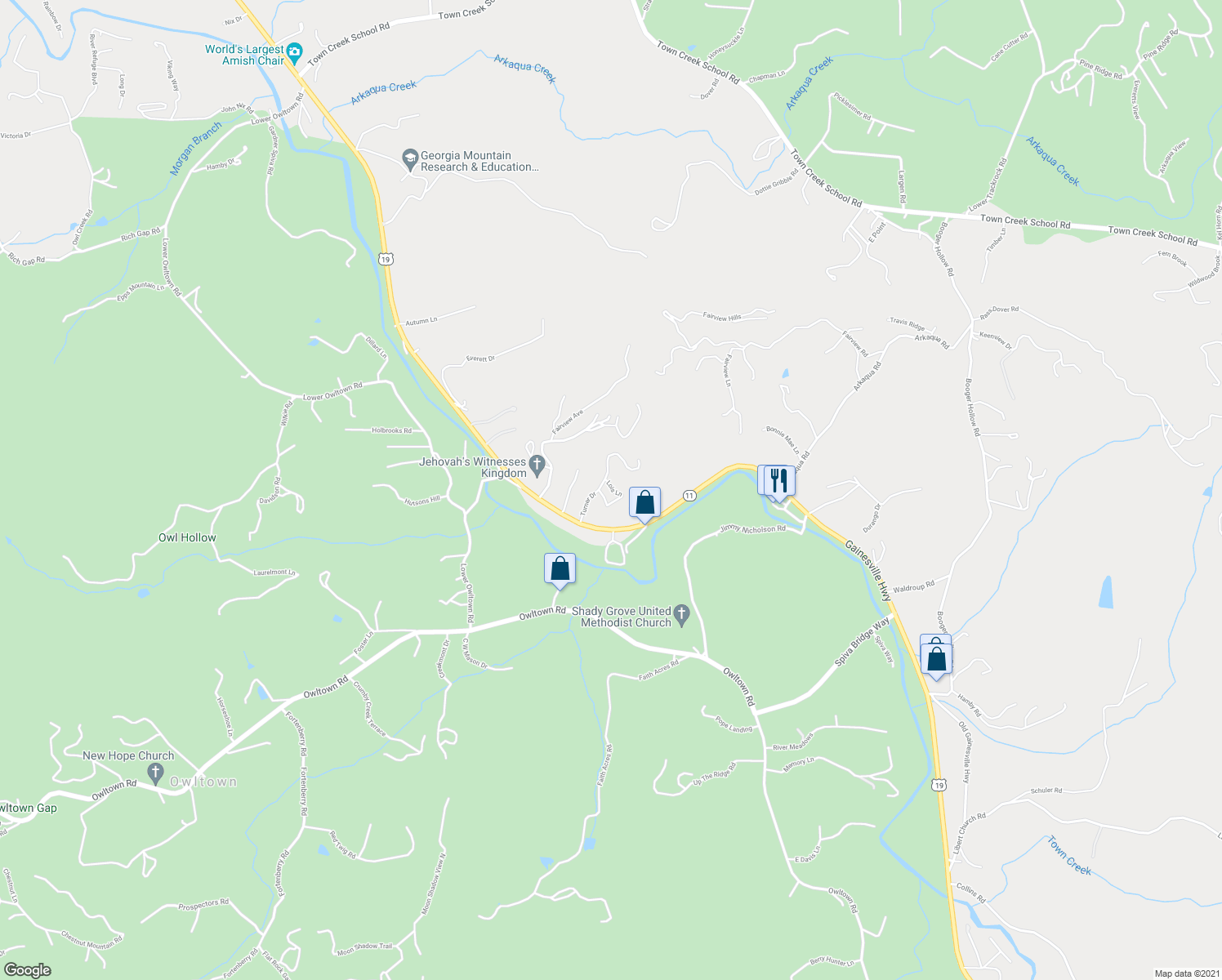 map of restaurants, bars, coffee shops, grocery stores, and more near 2299 Lois Lane in Blairsville