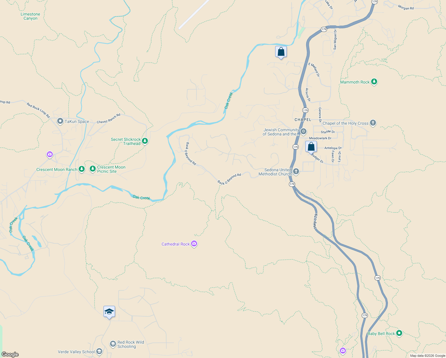 map of restaurants, bars, coffee shops, grocery stores, and more near 608-698 Back O Beyond Road in Sedona