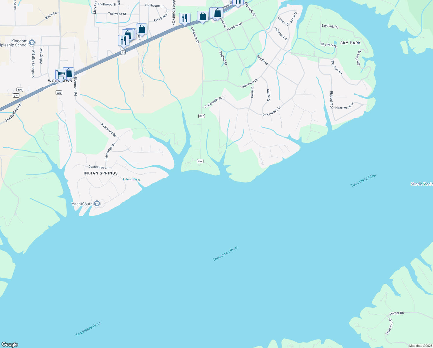 map of restaurants, bars, coffee shops, grocery stores, and more near 1196 Lakeview Drive in Florence