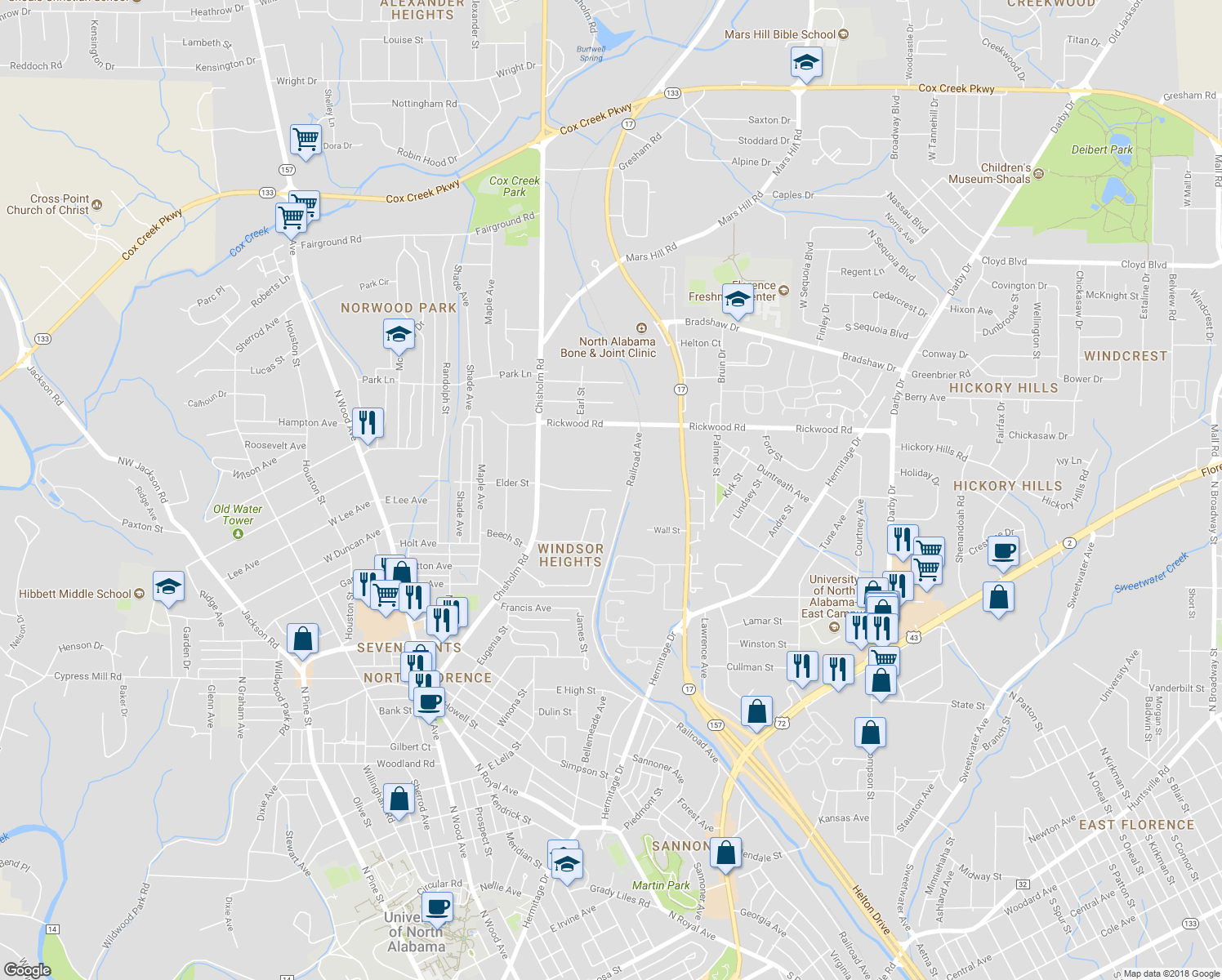 map of restaurants, bars, coffee shops, grocery stores, and more near 599 Elder Street in Florence