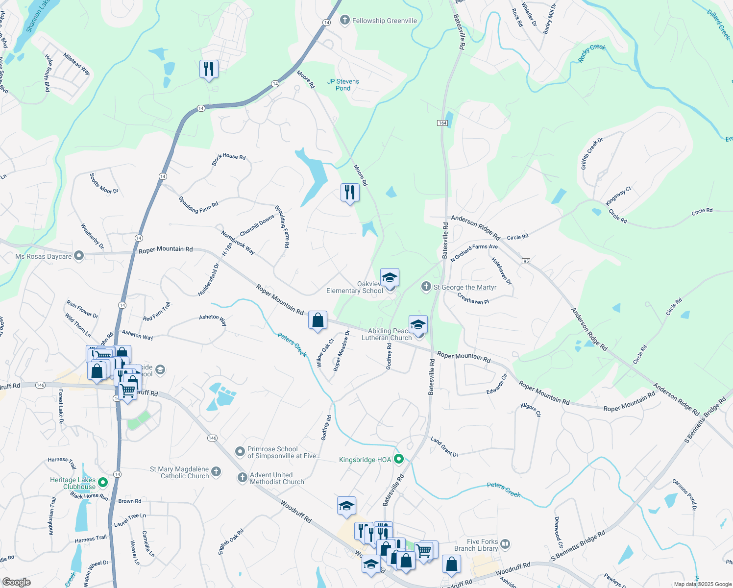 map of restaurants, bars, coffee shops, grocery stores, and more near 1301 Moore Road in Simpsonville