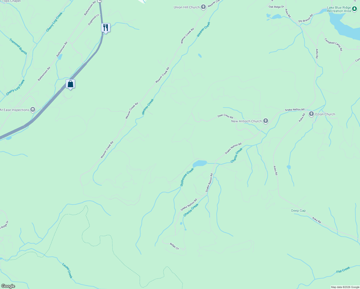 map of restaurants, bars, coffee shops, grocery stores, and more near 365 Ridge Trail in Blue Ridge