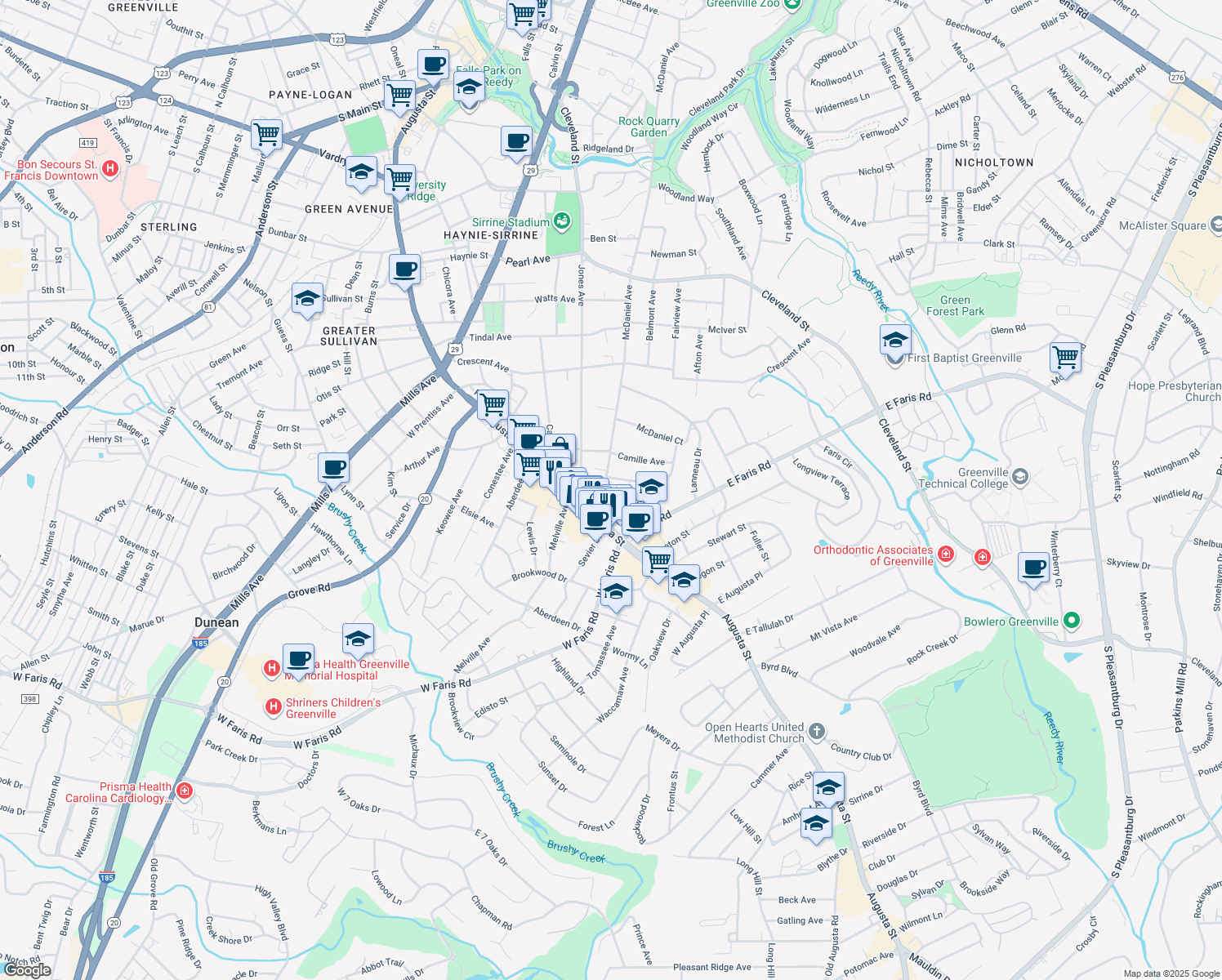 map of restaurants, bars, coffee shops, grocery stores, and more near 807 McDaniel Avenue in Greenville