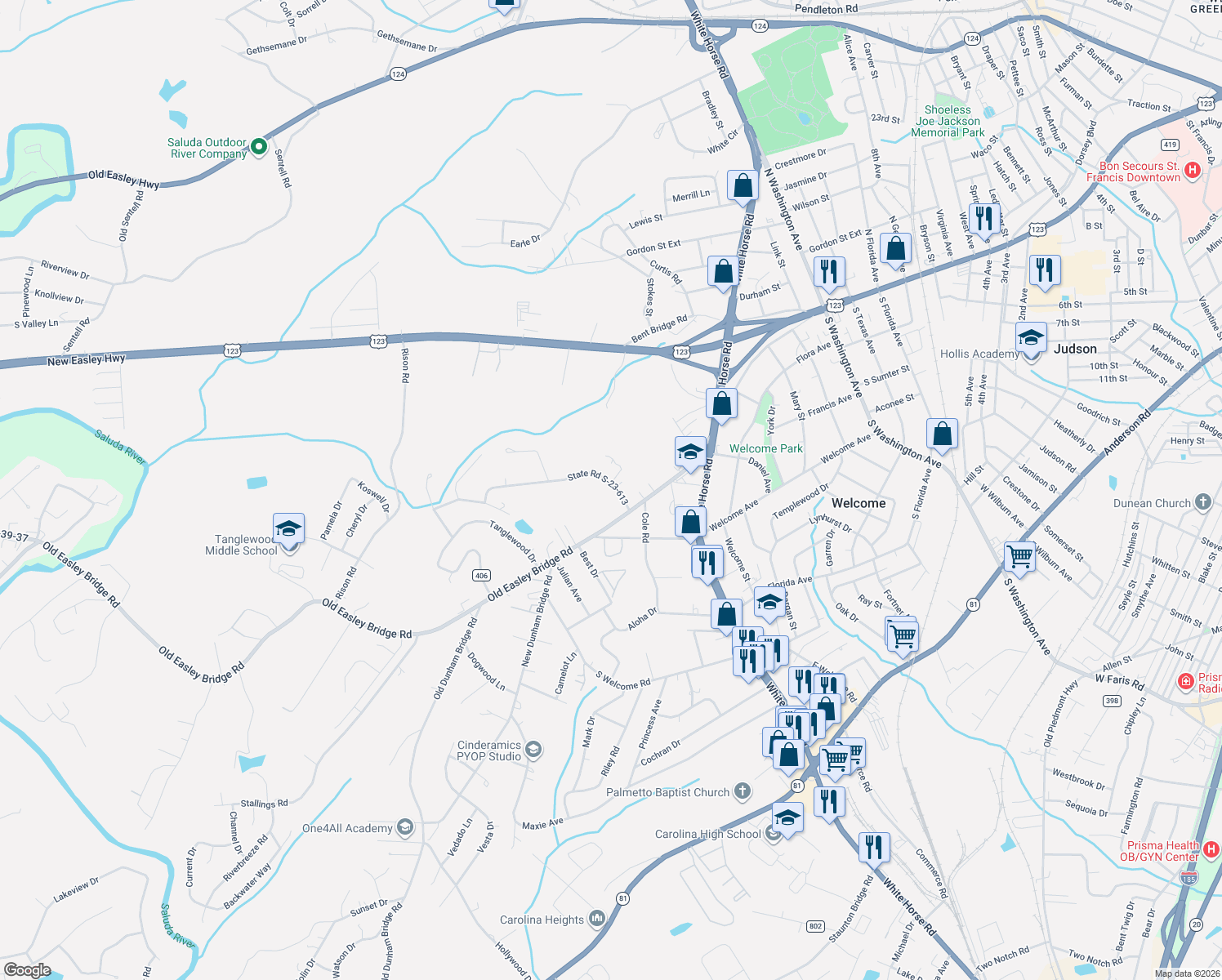 map of restaurants, bars, coffee shops, grocery stores, and more near 5 Yown Rd in Greenville