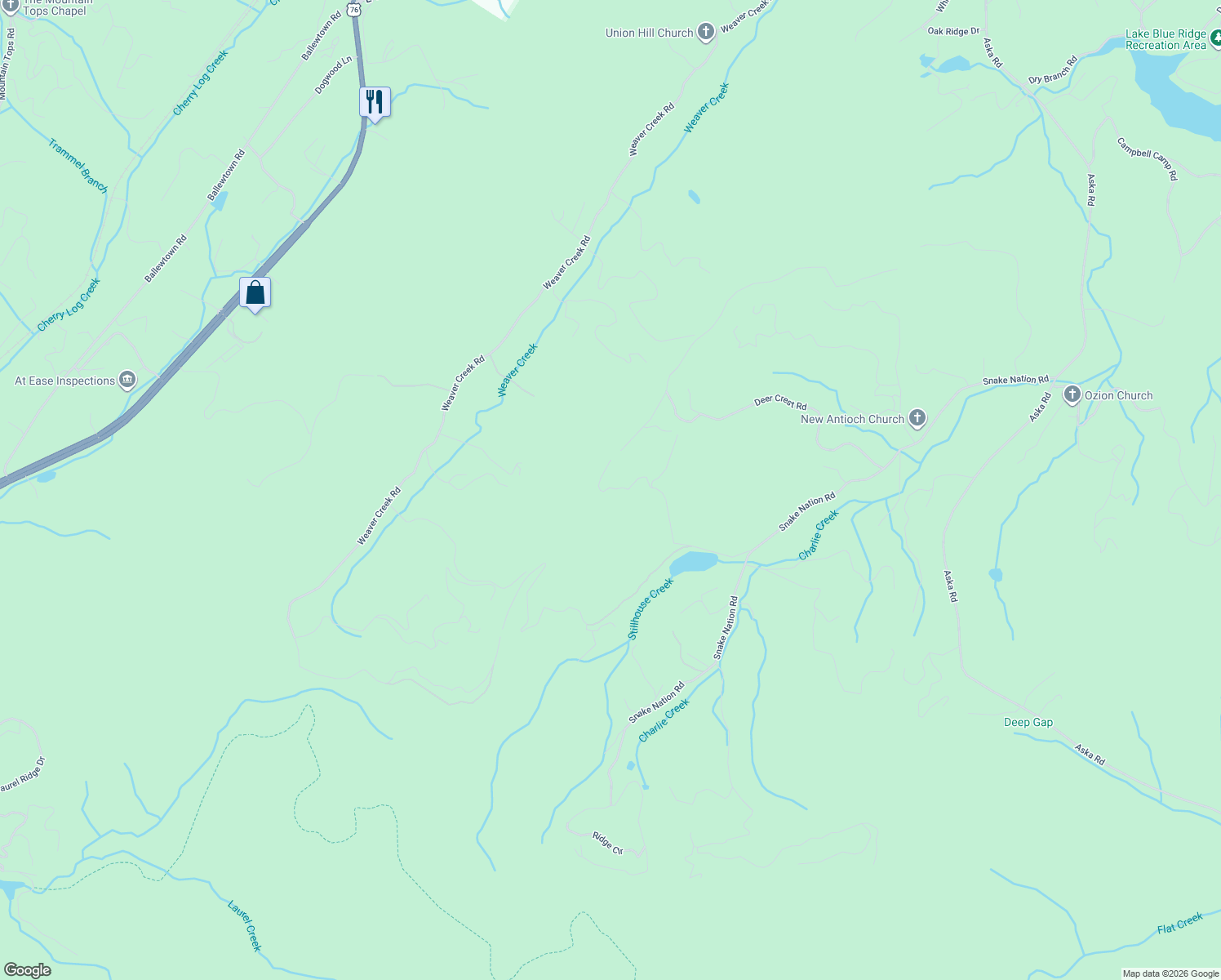 map of restaurants, bars, coffee shops, grocery stores, and more near 365 Ridge Trail in Blue Ridge