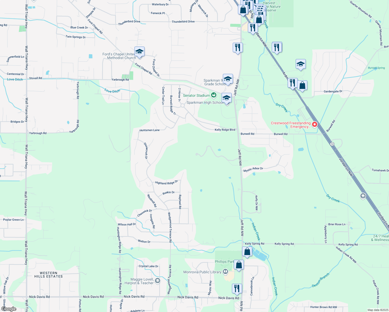 map of restaurants, bars, coffee shops, grocery stores, and more near 2386 Jeff Road Northwest in Harvest