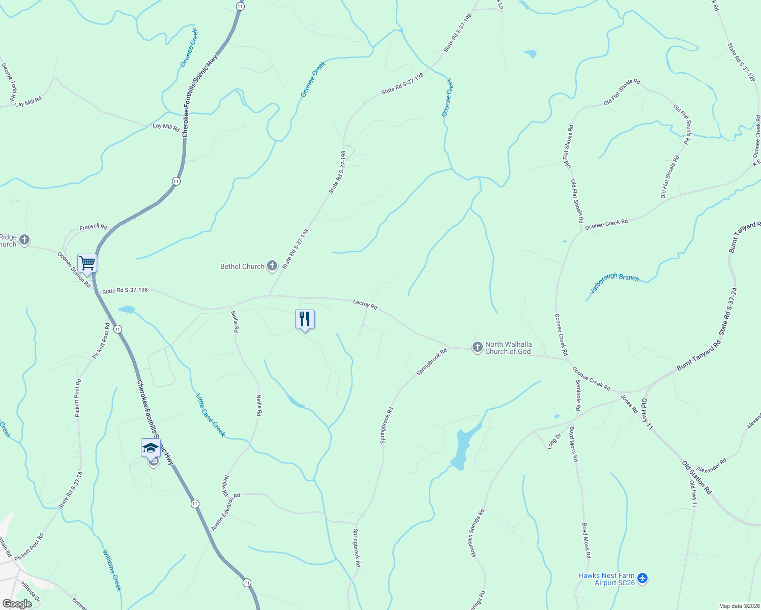 map of restaurants, bars, coffee shops, grocery stores, and more near 310 Falcons View Court in Walhalla