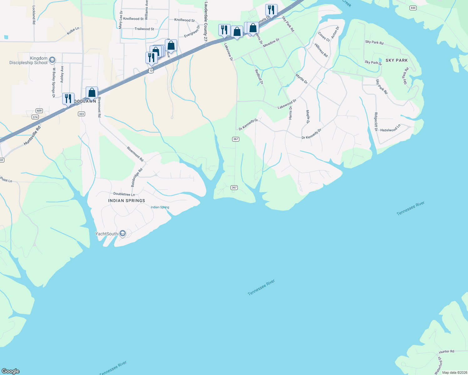 map of restaurants, bars, coffee shops, grocery stores, and more near 1196 Lakeview Drive in Florence